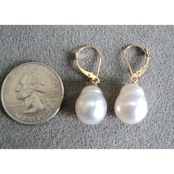 Big Luminous Baroque PEARL EARRINGS 14K Yellow GOLD Lever Back 1.25" Dangle - Picture 8 of 8